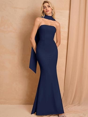 Women's Summer Bodycon Tube Wedding Guest Maxi Dresses for Bride with Scarf | 2026 Auraxe White Long Formal Strapless Bridemaid Dress Elegant Summer Spring Bridal Shower Engagement Party Wedding Dress thumbnail 4