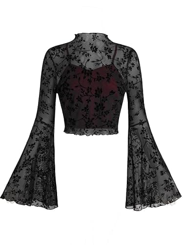 Verdusa Women's Gothic Clothes Y2K Mesh Long Bell Sleeve Crop Tops Country Concert Outfits Boho Tops - Image 1