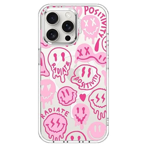 MOSNOVO Case for iPhone 15 Pro Max, [Compatible with Magsafe] [Buffertech 6.6ft Military-Grade Drop Protection] [Anti Peel Off Tech] Clear Phone Case Design - Pink Dripping Smiles - Image 1