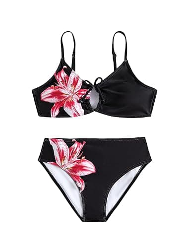 COZYEASE Girls' 2 Piece Ditsy Floral Print Knot Front Ruched Triangle Bikini Swimsuit - Image 1