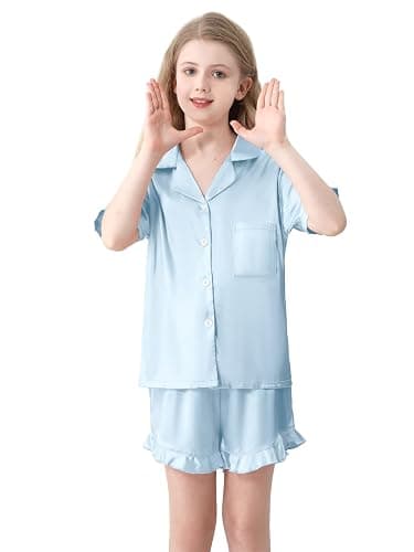 QZH.DUAO Girls Satin Pajamas Set Button Down Silk 2 Piece Pj Sets Ruffle Short Sleeve Sleepwear thumbnail 2