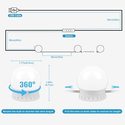 LED Vanity Lights For Mirror, Vanity Lights Stick on with 10 Dimmable Bulbs | 3000K 4000K 6500K & 10 Level Brightness Adjustable, USB Cable, Hollywood Mirror Lights for Makeup Dressing Room Bathroom thumbnail 2