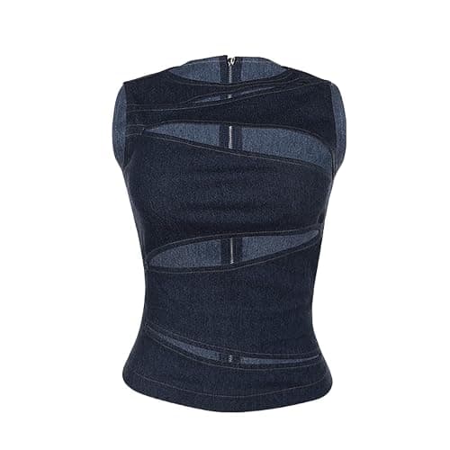 MINGSEECESS Women Sexy Irregular Hollow Out Cutting Denim Crop Tank Top Sleeveless Back Zipper Vest Clubwear thumbnail 6