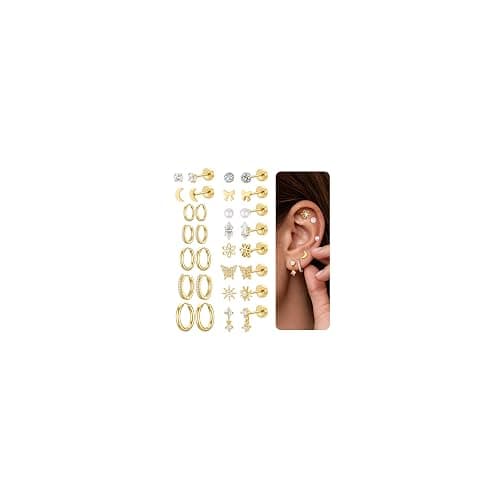 14K Gold Plated Earrings Set for Women | Small Hoop & Stud Earrings for Sensitive Ears | Stackable Flat Back Jewelry for Multiple Piercings | Dangle & Huggie Earring Gift Set - Image 1