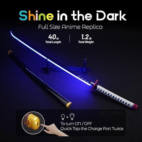 RENGENG Light Up Sword, 40 Inches Rechargeable Plastic Anime Replica with Belt & Stand, Original Texture Anime Sword thumbnail 2