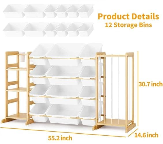 Toy Storage Organizer with Bookshelf and Stuffed Animal Storage - Kids Playroom Organization with Shelves and 12 Toy Bins - Toddler Living Room Toy Box for Lego - Nursery Bedroom Decor Essentials thumbnail 2