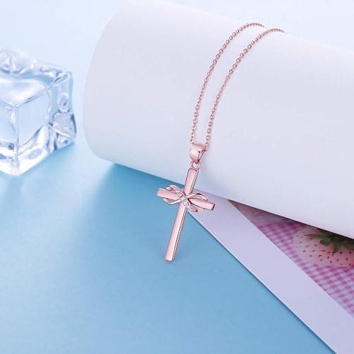 AmorAime 925 Sterling Silver Cross Necklace for Women Infinity Necklace 14K Rose Gold Plated Necklaces thumbnail 3