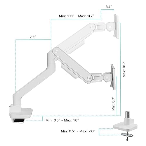 ARES WING Ultrawide Monitor Arm for 17 to 49 Inch and 44 Lbs Screen, White | Pro Gas Spring, Full Range of Motion, for 75/100 Vesa Mount, for Samsung, LG Curved/Flat Monitor, with C Clamp, Grommet Base thumbnail 8