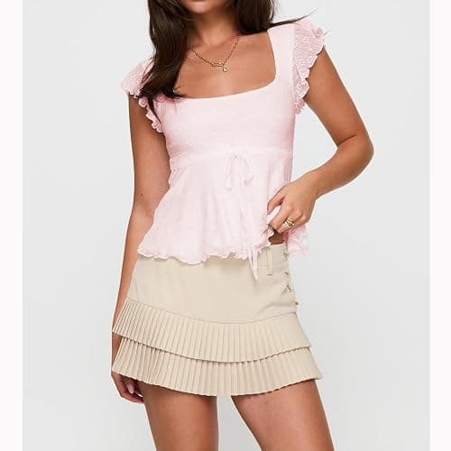 Women Square Neck Peplum Top Y2k Cap Sleeve Layered Ruffle Trim Printed Top Lace Up Slim Fit Solid Color Shirt thumbnail 3
