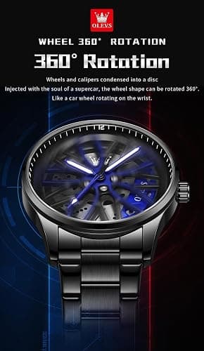 OLEVS Watches for Men Skeleton Quartz Racing Car Wheel Stainless Steel Casual Sports Waterproof Luminous Mens Watches thumbnail 4