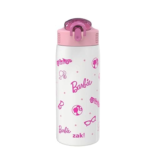 Zak Designs Barbie Porter Water Bottle for Travel and At Home, 19 oz Vacuum Insulated Stainless Steel with Locking Spout Cover, Built-In Carrying Loop, Leak-Proof Design (Barbie) - Image 1