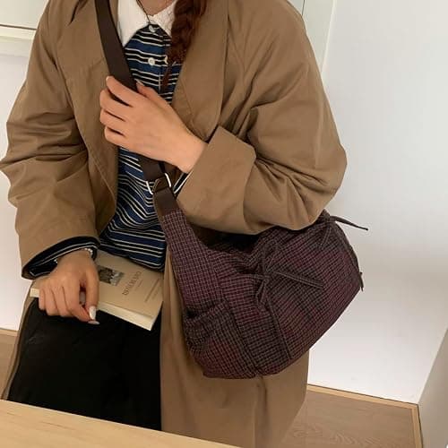 Lushandy Plaid Shoulder Bag Plaid Crossbody Purse Bow Messenger Bag Japanese Style Everyday Bags for College, Travel | Multiple-Pocket, Plaid Bow Design, Lightweight thumbnail 4