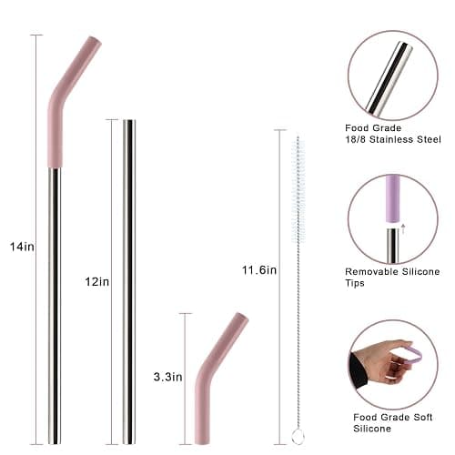 Replacement Straws for 40oz Tumblers,Metal Straws Reusable Compatible with Stanley 40oz Cup, 40 oz Tumbler Straw,4 Pack 12" Extra Long Stainless Steel Straws with Silicone Tips and Cleaner Brush thumbnail 2