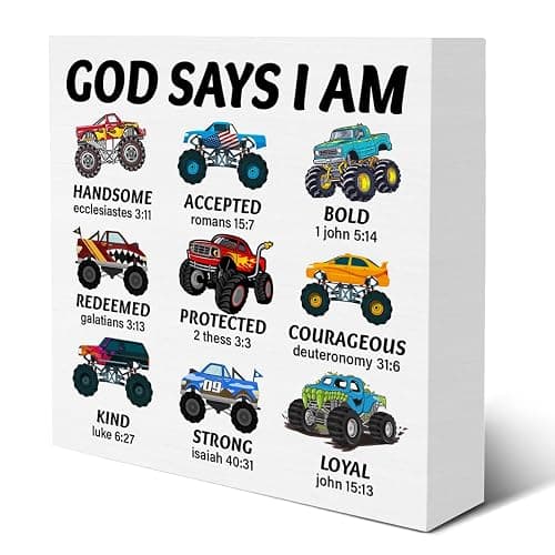 Christian Inspirational Sign God Says I Am Truck Wooden Sign Bible Verse Vehicle Car Decor for Teen Boy Room Playroom Home Bedroom Shelf 5 X 5 Inches - Image 1