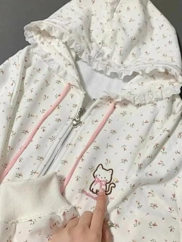 OATSBAS Women's Y2K Cute Floral Hoodies Kawaii Zip Up Hoodies Cartoon Cat Embroidery Oversized Pullover Sweatshirt thumbnail 2