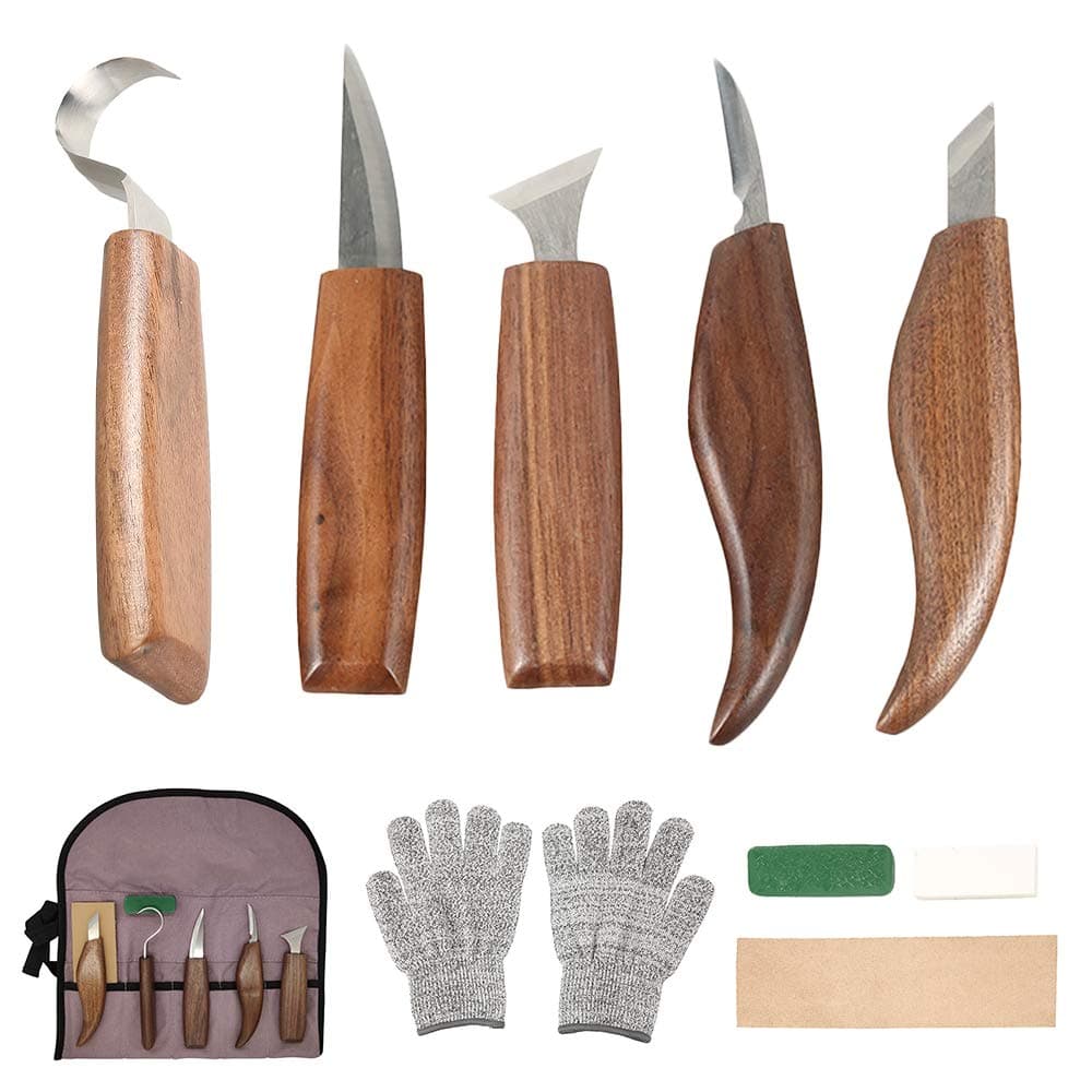 10pc Wood Carving Knife Set Beginner Wood Carving Kit Convenient Wood Carving Tools Set Cut Resistant Gloves,Spoon Carving Hook Knife, Wood Carving Whittling Knife, Chip Carving Detail Knife Sandpaper for Woodworking - Image 1