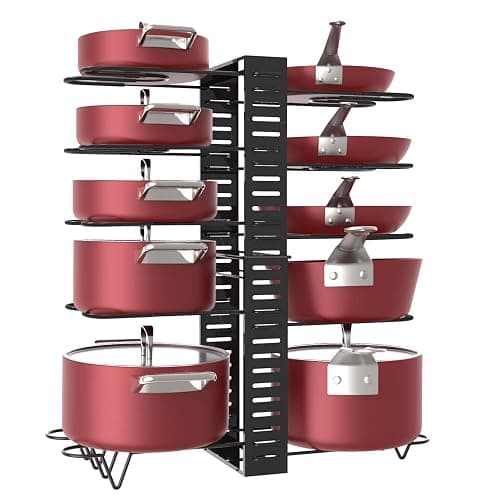 X-cosrack Pot Racks,10 Tier Adjustable Heights with Non-slip feet,6 DIY Methods,Expandable Kitchen Cabinet Pantry Pans and Pots Lid Organizer Rack Holder, Black - Image 1
