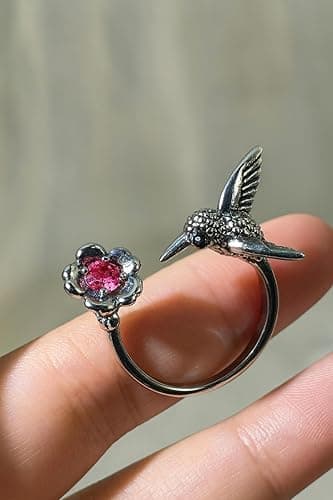 Hummingbird Ring For Women, Silver Vintage Bird Boho Western Adjustable Flower Wrap Ring Cute Animal Jewelry Black Stone Statement Jewelry Gift thumbnail 4