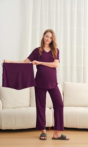 DANSHOW 3 Piece Maternity Nursing Pajamas Set Postpartum Pjs Breastfeeding Sleepwear, Adjustable Waistband thumbnail 5