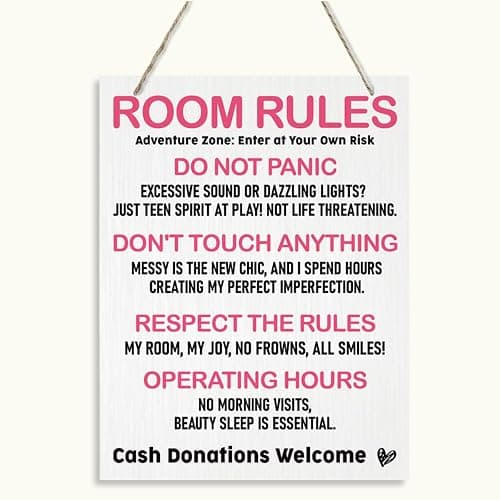 Wooden Room Rules Plaque, Funny & Cute for Teen Girls' Bedroom, Pink Wall Decor & Birthday Gift - Image 1