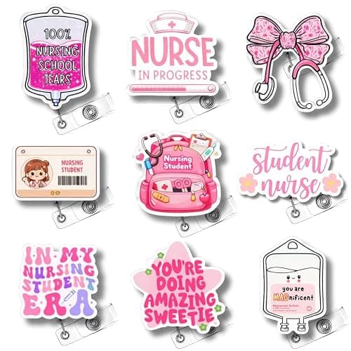 9PC Student Nurse in Progress Badge Reel Cute Pink Medical Assistant Accessories ID Name Holder Nursing School Hospital Supplies Essentials Bow Ribbon Stethoscope Gifts for RN CNA Healthcare Workers - Image 1