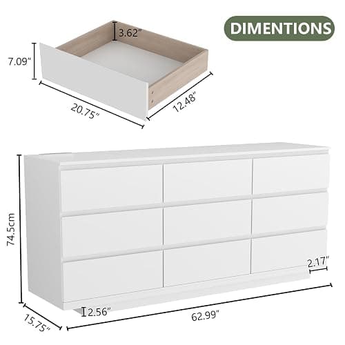 Gyfimoie 9 Drawer Dresser with Power Outlet, Floating White Dresser Chest of Drawer with LED Light,Modern Double Wide Drawer Organizer Cabinet for Bedroom,Living Room (9 Drawer-White) thumbnail 2