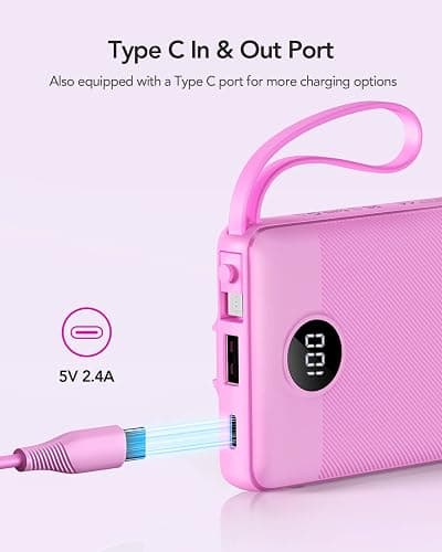 VRURC Portable Charger 10000mAh, Travel Essentials Battery Pack, 5 Output 2 Input Power Bank, Built-in Micro & USB C Cables Phone Charger Compatible with iPhone,Samsung,Android-Purple(1 Pack) thumbnail 3
