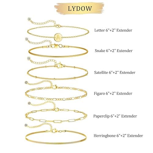 Lydow Bracelets for Women, 14K Gold Plated 6PCS Letter A-Z Stackable Jewelry Set for Adjustable 6"+2" thumbnail 4