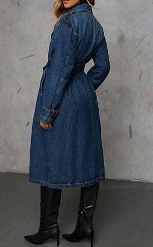 loveimgs Women Vintage Double Breasted Mid Long Denim Jacket Jean Trench Coat Duster Blazer Jacket Windbreaker Belt thumbnail 4