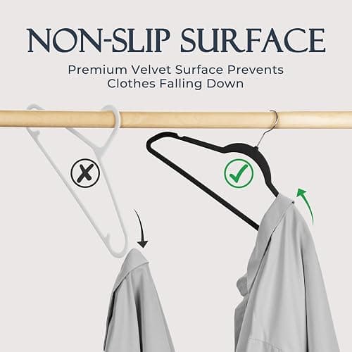 HOUSE DAY Black Velvet Hangers 60 Pack, Non Slip Clothes Felt Hanger Heavy Duty for Coat, Premium Slim Space Saving Suit Hangers for Closet Organizer, 360° Rotating Silver Hook - Black - 60 Pack thumbnail 3