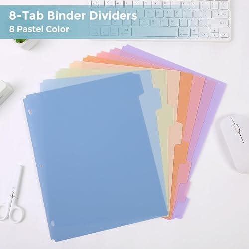 SKYDUE Durable Plastic 8-Tab Dividers, Big Tab Dividers for 3 Ring Binder, Write & Erase 3 Ring Binder Dividers with Tabs, with Sticker Labels, 1 Set, Pastel Color thumbnail 3