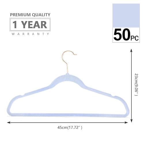 MIZGI Premium Velvet Hangers (50 Pack) Heavy Duty - Non Slip Felt Hangers - Velvet Suit Hanger Light Blue - Rose Gold Hooks,Space Saving Clothes Hanger thumbnail 3