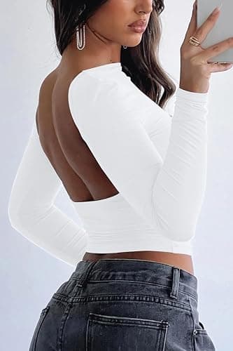 ForeFair Women Sexy Backless Short Sleeve Slim Fit Crewneck Summer Casual Y2K Crop Tee - Medium - A White thumbnail 4