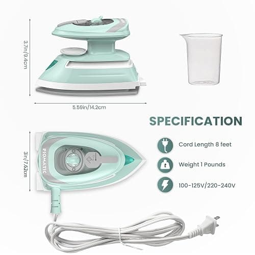 PIOMATIC Mini Travel Steam Iron for Clothes with Dual Voltage, Temperature Control, Non-Stick Soleplate and Cord Storage, Ideal for Sewing, Quilting and Handcraft thumbnail 2