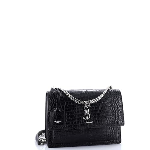 Saint Laurent, Pre-Loved Sunset Crossbody Bag Crocodile Embossed Leather Medium, Black thumbnail 2