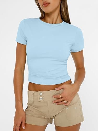 AUTOMET Women's Crew Neck Short Sleeve Basic Stretchy Tight Fitted T-Shirt thumbnail 2