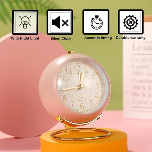 SHISEDECO Small Tableclocks Classic Non-Ticking Tabletop Alarm Clock with Backlight, Battery Operated Astronaut Deskclock with HD Glass for Living Room Bedroom Bedside Indoor Decor (Pink) thumbnail 5