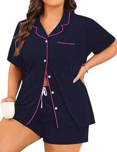 Elsameel Women's Plus Size Pajamas Button Down Shirt and Shorts 2 Piece Pj Lounge Sets Short Sleeve Sleepwear Soft Loungewear - Image 1