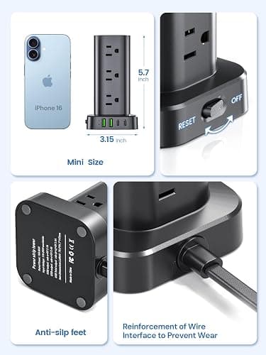 Tower Power Strip with Surge Protector - 12 AC Outlets & 4 USB Ports (2 USB-C), 6FT Extension Cord, Charging Station Tower for Home Office Dorm Travel (Black) thumbnail 5