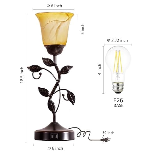 RORIANO Set of 2 Touch Vintage Bedroom Leaf Table Lamps with 2 USB Ports | 3-Way Dimmable Nightstand Flower Lamps, Amber Glass Shade Rustic Lamp for Living Room Bedroom, LED Bulb Included (Bronze) thumbnail 6