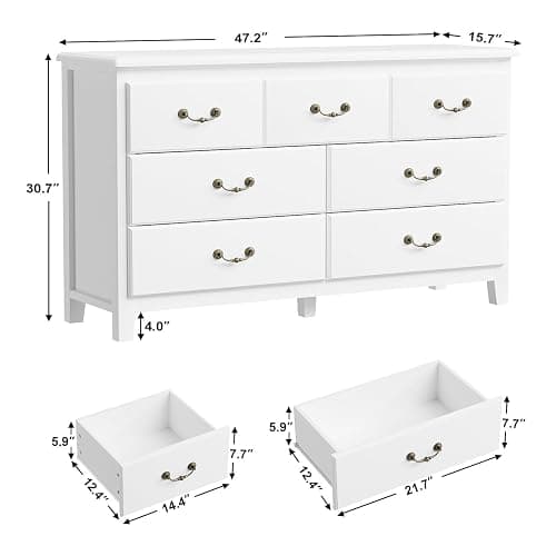 HOUROM Farmhouse 7 Drawer Dresser for Bedroom, Chest of Drawers with Antique Handles, Modern Wooden Dressers, Vintage Rustic Dresser Storage Organizer for Bedroom, White - White - 7 Drawer thumbnail 2