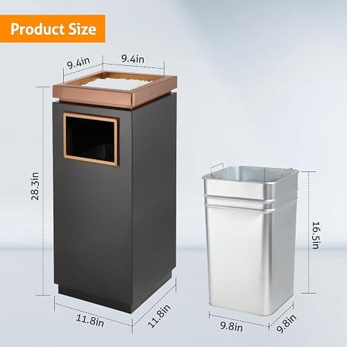 WICHEMI Commercial Outdoor Trash Can, Stainless Steel Indoor Outdoor Trash Can with Lid, Removable Inner Bucket Metal Garbage Can for Home, Office, Restaurant Elevator Entrance - 11.8×11.8×28.4 in - Black & Rose Gold - 11.8×11.8×28.4 in thumbnail 4