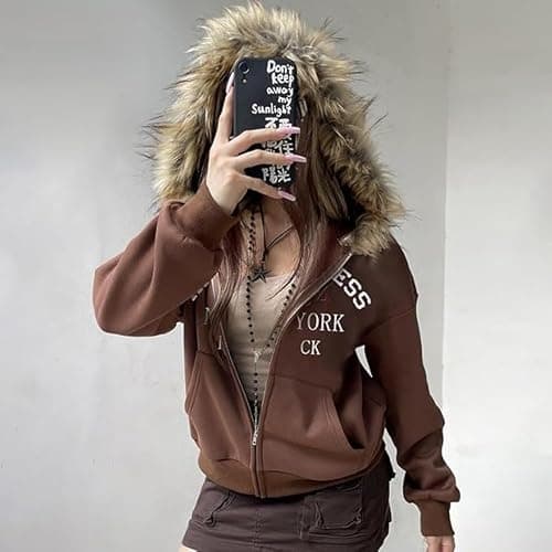 HOHOPEACH Y2k Zip Up Hoodie Fur Jackets Winter Coats Teen Emo Grunge 2000s Clothes Vintage Streetwear Women thumbnail 2