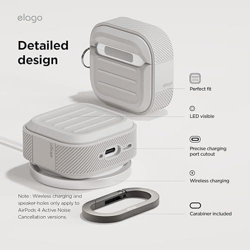 elago Armor Compatible with AirPods 4 Case - for AirPods 4th Generation Cover, Carabiner Included, Supports Wireless Charging, Shock Resistant, Full Protection (Stone) thumbnail 5