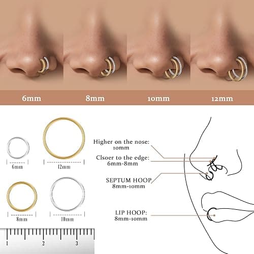 Hypoallergenic Nose Rings Hoops Set for Women Men: 8Pcs 18G Gold/Silver 316L Surgical Stainless Steel Nose Hoops Hinged Clicker Septum Rings for Nose Cartilage Body Piercing Jewelry 6mm 8mm 10mm 12mm thumbnail 2