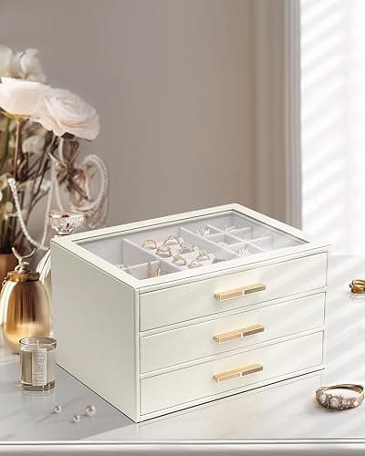 Vlando Jewelry Box for Women, Glass Lid Jewelry Organizer with 3 Drawers for Necklaces Rings Earrings Bracelets Mother Day Gift for Mom - Cloud White thumbnail 8