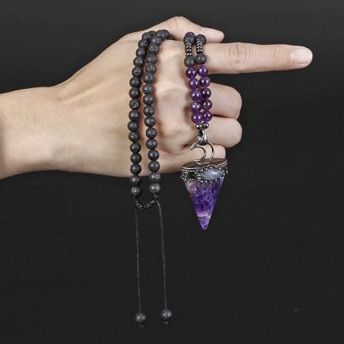 Jovivi 6mm Natural Amethyst Crystal Pendulum Necklace Lava Rock Labradorite Healing Chakra Triangle Pendulum Crystal w/Moon 25inches Adjustable thumbnail 4