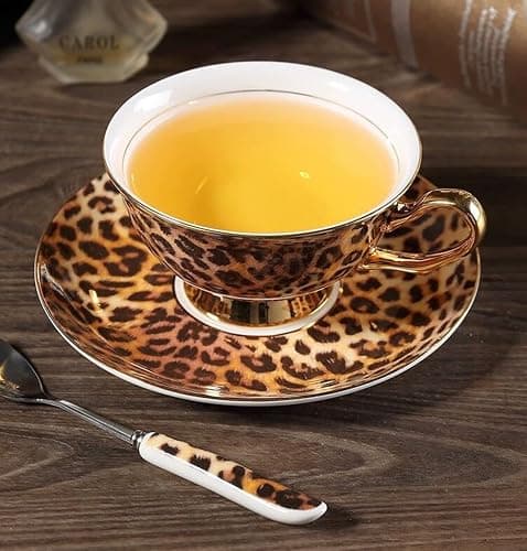 Eplze® YBK Tech Euro Style Bone China Cup& Saucer Set, Ceramic Tea Coffee Cup for Home Kitchen Wedding (Leopard Pattern) thumbnail 2