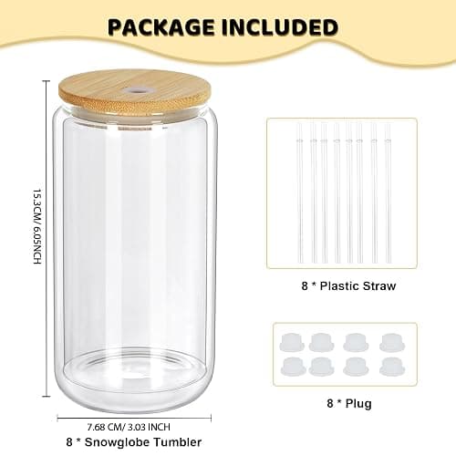 Maucircol 16 Oz Snow Globe Tumbler, 8 Pack Pre-Drilled Sublimation Glass Cup For Glitter Snow Globe Diy, Double Wall Sublimation Glass Tumbler thumbnail 2