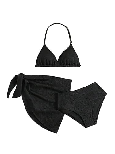 SHENHE Girl's 3 Pieces Halter Triangle Bikini Sets Spaghetti Strap Swimsuit Smocked Bathing Suit with Beach Skirt - Image 1